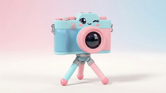Adorable pastel blue and pink cartoon camera standing on mini tripod with cute winking expression for kids photography lessons and playful media technology idea.
