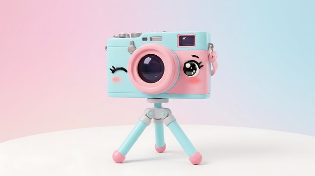 Cute cartoon camera toy with tripod in pastel pink and blue colors featuring playful face illustration for creative photography concept and modern studio design.