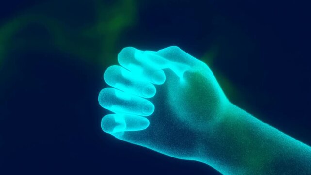 Glowing digital hand closes into a fist against a dark blue abstract background