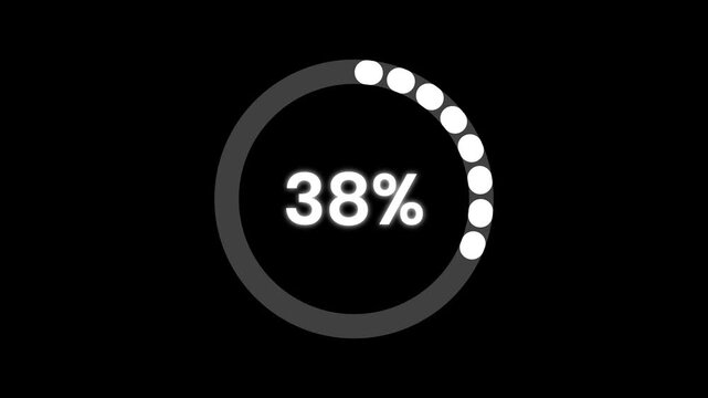 Minimal digital circular loading bar animation with percentage counter, modern dotted circular progress fill indicator motion graphic showing percentage counter, loading animation on black screen.4k