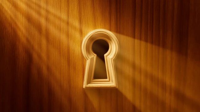 Ornate keyhole set in warm wooden door with dark opening and grain