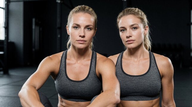 Two fit blonde women sit on gym floor. Look focused, ready for training. Athletic females wear grey sports bras in dark fitness studio. Strong women prepare for intense workout session to improve