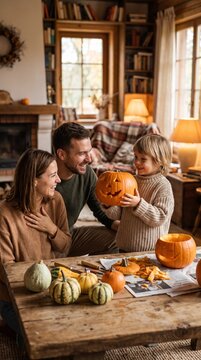 Cute little boy showing a carved jack-o-lantern pumpkin to his laughing parents in a cozy rustic home during Halloween