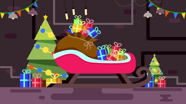 Animated christmas sleigh with gift sack and decorated trees holiday background