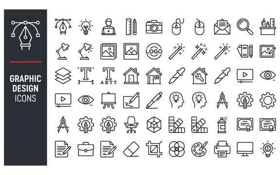 Graphic design icon set features creative tools and software interface elements for design professionals in outline style.