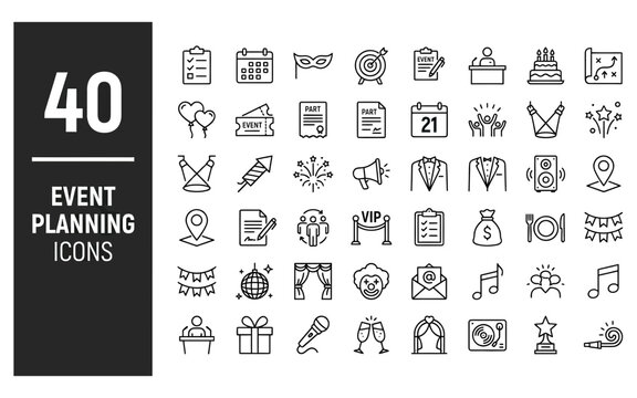 Event planning line icons set featuring party supplies and celebration equipment for professional management services.