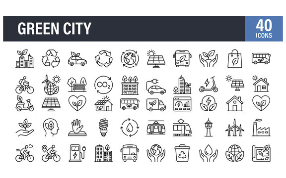 Green city icon set with forty detailed outline symbols for eco friendly infrastructure and sustainable urban planning.