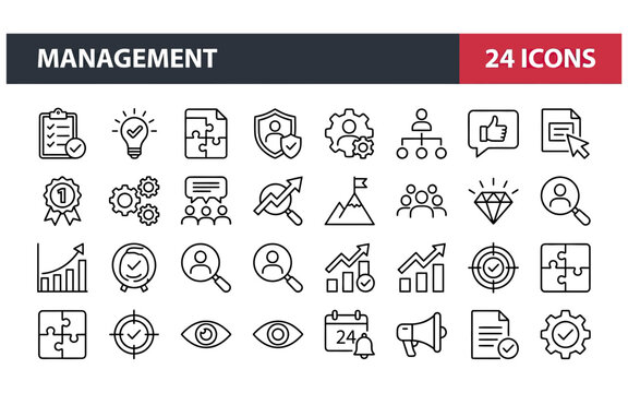 Business management thin line icon set collection for corporate leadership strategy planning and project workflow tasks.