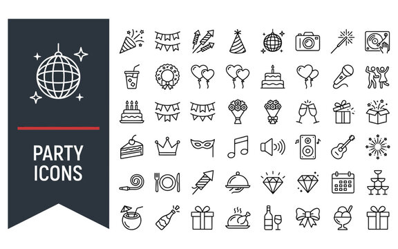 Celebration and party events icon collection including festive decorations and entertainment symbols for holiday planning projects.