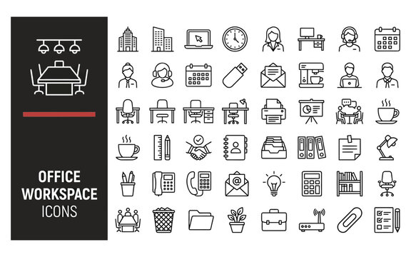 Office workspace and professional business productivity icon set containing corporate furniture and communication tools for web design.