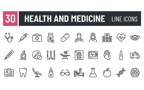 Health and medicine linear icons featuring clinical diagnostic supplies healthcare professionals and medical facility infrastructure symbols.