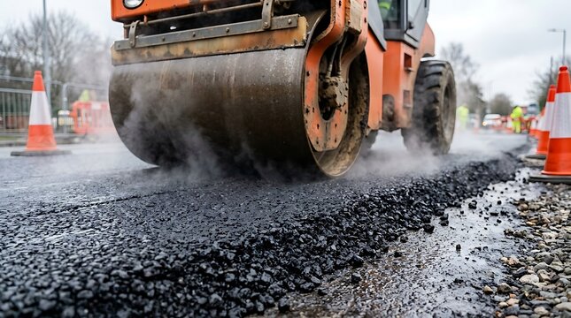 Road construction using heavy asphalt roller machine compacting hot tar surface on street with traffic cones and steam visible.