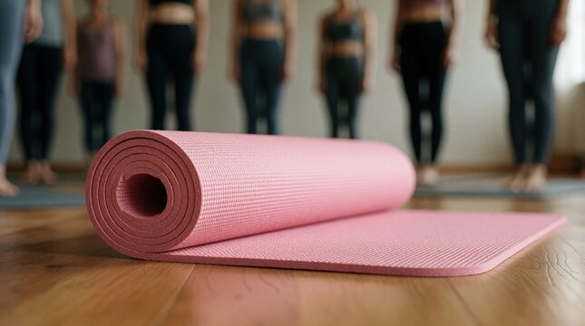 Pink yoga mat lies unrolled on wood studio floor. People stand in background during group fitness class. Calm atmosphere prepares for session.