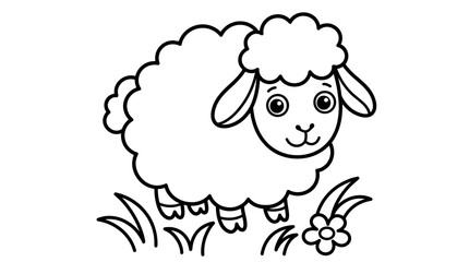 Obraz premium A cute fluffy sheep standing in a meadow for a fun children coloring page activity and creative learning