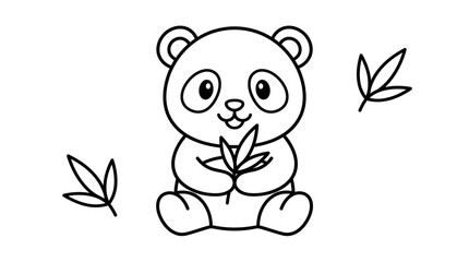 Cute little panda bear sitting and holding bamboo leaves in a simple black and white coloring page design © MohammadMonzurul