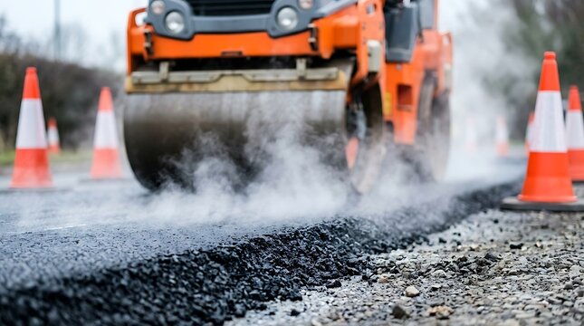 Road roller compacting hot asphalt on construction site with steam rising and orange traffic cones indicating safety on cloudy day.
