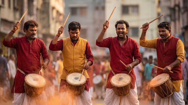 Dhol Tasha Drummers Performing Together &ndash; Rhythmic Ganesh Festival Celebration.