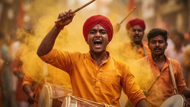 Dhol Tasha Drummer at Ganesh Festival &ndash; Dynamic Ganpati Celebration with Gulal.