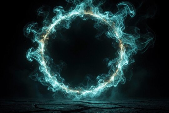 Glowing teal energy ring floats above dark cracked ground. Swirling blue smoke, orange sparks form magical portal. Mystical vortex creates mysterious atmosphere in dark space. Sci-fi fantasy