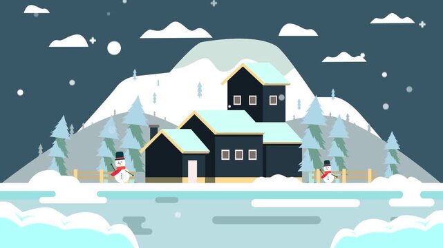 Winter holiday flat animation with snowman and cozy cabin landscape