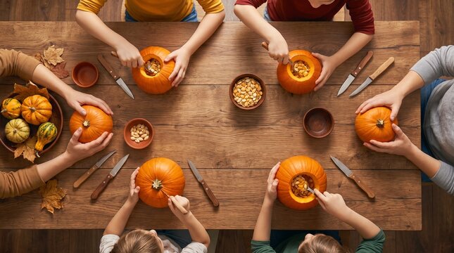 Top view of family hands carving Halloween pumpkins and scooping seeds together on a rustic wooden table