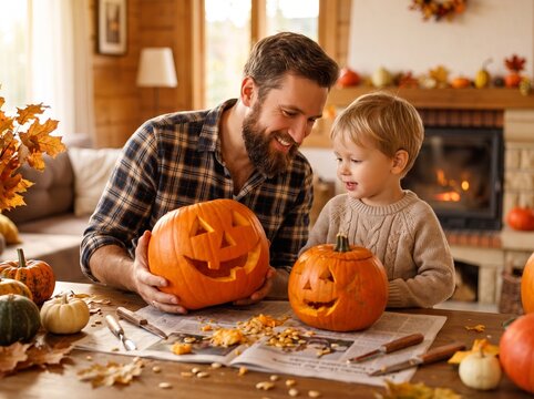 Happy bearded father and his little son smiling while looking at carved Halloween pumpkins together in a cozy autumn home with a fireplace