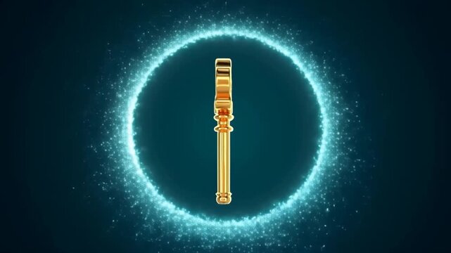 Golden key rotates to side view within glowing particle ring on dark blue background
