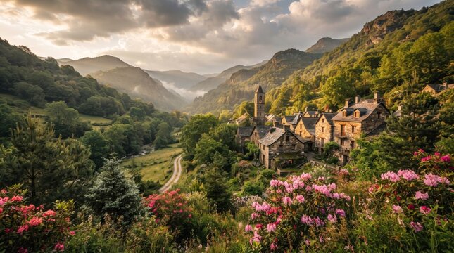 Serene Mountain Village: A picturesque village nestled in a verdant valley, bathed in the soft, ethereal light of a dramatic sunset.