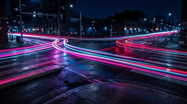 Streaks of neon light in pink and blue cross intersection at night, creating vibrant abstract motion blur for futuristic city.