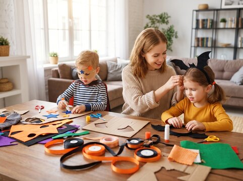 Cheerful mother helping her young children make creative DIY Halloween costumes at a wooden table in a bright living room