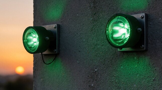 Two green LED lights mounted on gray concrete wall. Bright circular lamps glow during sunset. Modern outdoor lighting fixture illuminates urban architecture with neon color. Evening sky backdrop