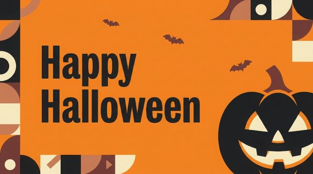 Happy halloween greeting card design with a black jack o lantern and abstract geometric shapes