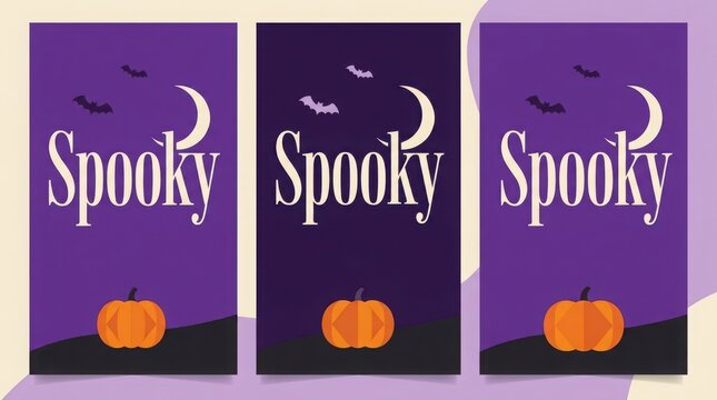 Three vertical halloween banners featuring the word spooky with pumpkins and crescent moons on purple backgrounds