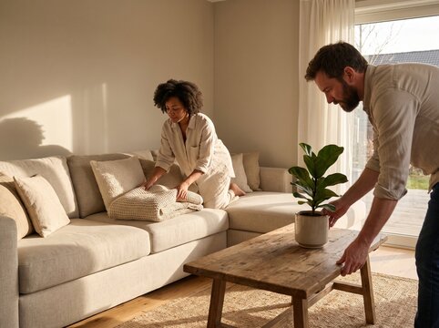 Young diverse couple decorating and organizing their cozy modern living room in warm sunlight