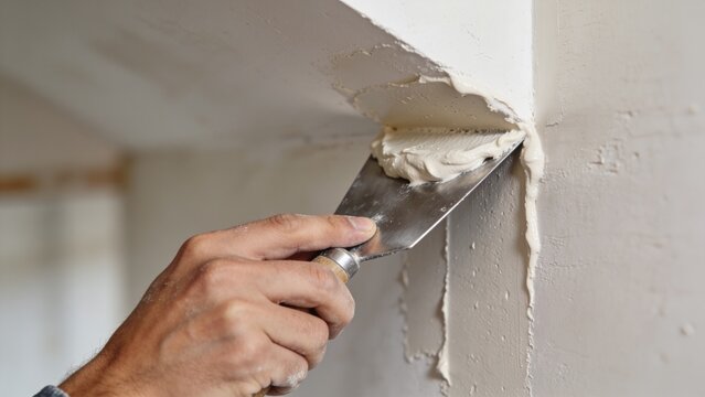 Skilled plasterer applying fresh white joint compound to interior wall corner using stainless steel putty knife during home renovation construction repair drywall finishing professional craftsmanship 