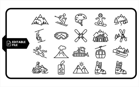 Winter sports line icons set with skiing and snowboarding gear for mountain resort activities.
