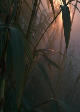 Close-up of a bamboo plant with long, slender leaves. the leaves are a vibrant green color and are arranged in a way that creates a sense of depth and dimension.