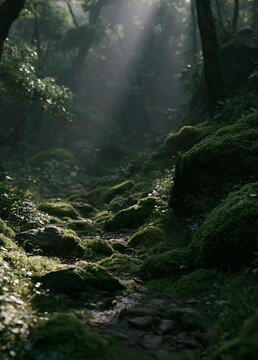 Beautiful landscape of a forest. the sunlight is shining through the trees, creating a dappled effect on the ground. the trees are tall and slender, with green leaves and branches.