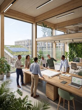 Diverse team of professionals collaborating on blueprints in a modern eco-friendly green office with solar panels view