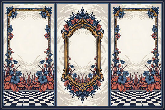 Ornate vintage floral frames with checkerboard floor