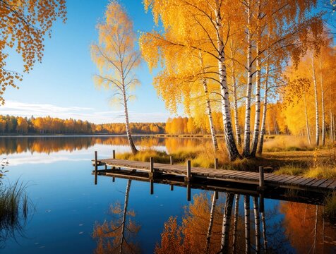 Golden birch trees line tranquil lake with wooden pier reflecting autumn foliage. Clear blue sky above calm water and vibrant forest create picturesque fall scenery. Nature at its finest.