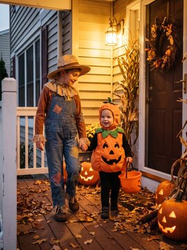 Cute little children in Halloween costumes holding hands while trick or treating on a porch decorated with pumpkins