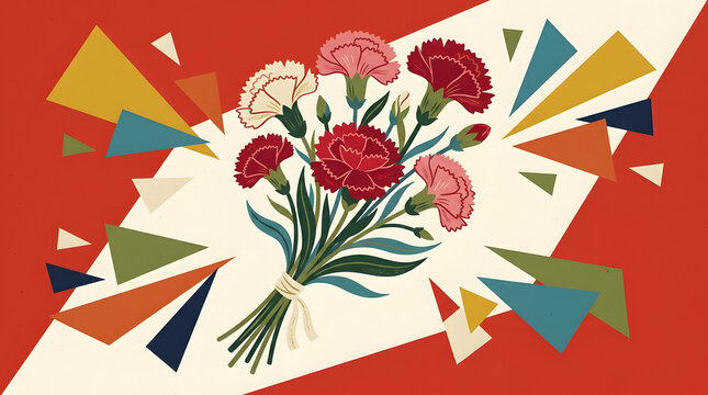 Vintage style carnation bouquet illustration | Abstract geometric floral background art | Retro mid-century modern flower poster | Mothers day greeting card floral design