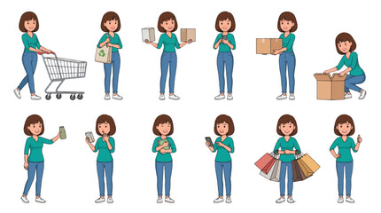 Fototapeta premium Vector set of a young woman character in different shopping, delivery, and daily life poses isolated on white
