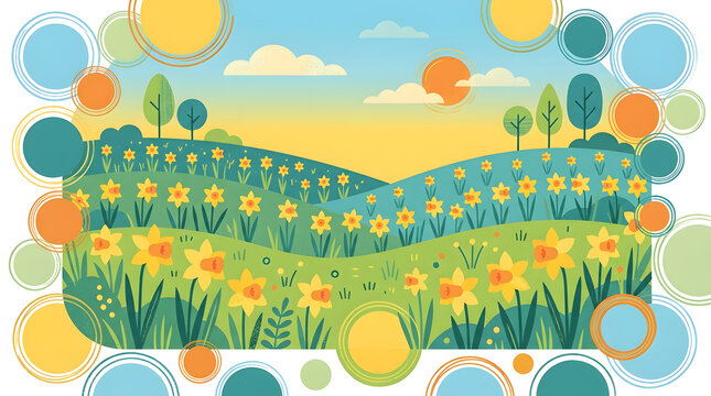 Stylized spring field with yellow daffodils | Colorful flat design landscape illustration | Modern geometric nature background with flowers | Rolling hills and floral meadow art