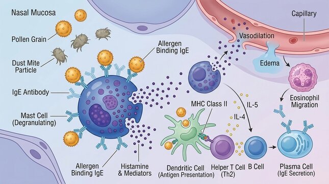 Detailed Medical Illustration of Allergic Reaction Pathway and Immune System Response Mechanism