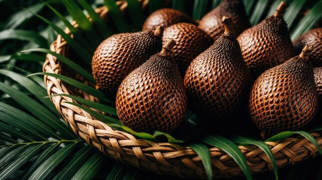 Salak fruits rest in woven basket on green palm leaves. Snake fruit shows textured brown skin, ready for eating. Exotic produce offers healthy, sweet flavor.