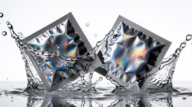 Two silver condom wrappers are submerged in water causing splashes. Shiny foil packets float in clear liquid with droplets and reflections. Safe sex, hygiene, and protection concept.