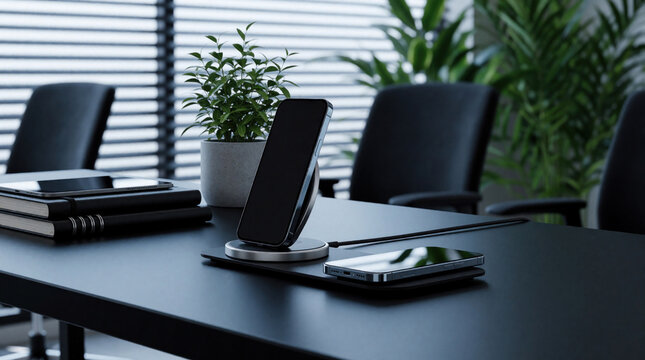Minimalist office desk with smartphone charging wirelessly. Tablet and notebooks stack nearby, plants add life to modern workspace. Clean table surface reflects tech.