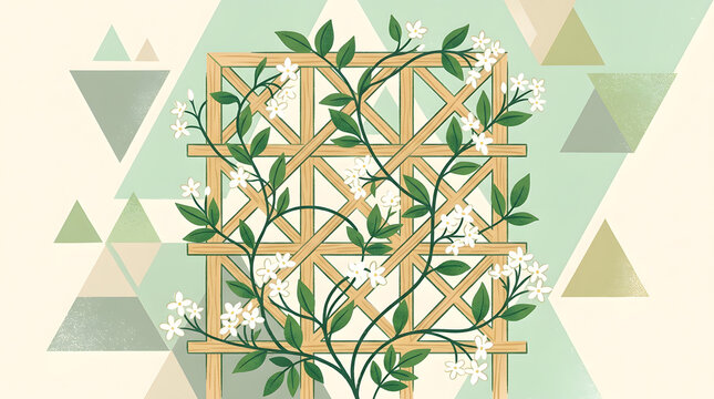 Stylized jasmine vine on wooden trellis illustration | Modern geometric garden wall art background | Flat design floral climbing plant with white flowers | Decorative garden trellis with jasmine bloom
